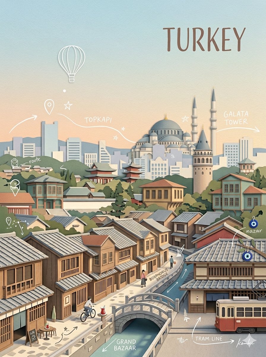 创作一幅高品质商用级竖版 3:4 分层剪纸拼贴插画，主题为 [CITY]（[COUNTRY]），展现这座城市历史底蕴与当代都市身份和谐共生的面貌。 请自动选择一个真实可信的视角…