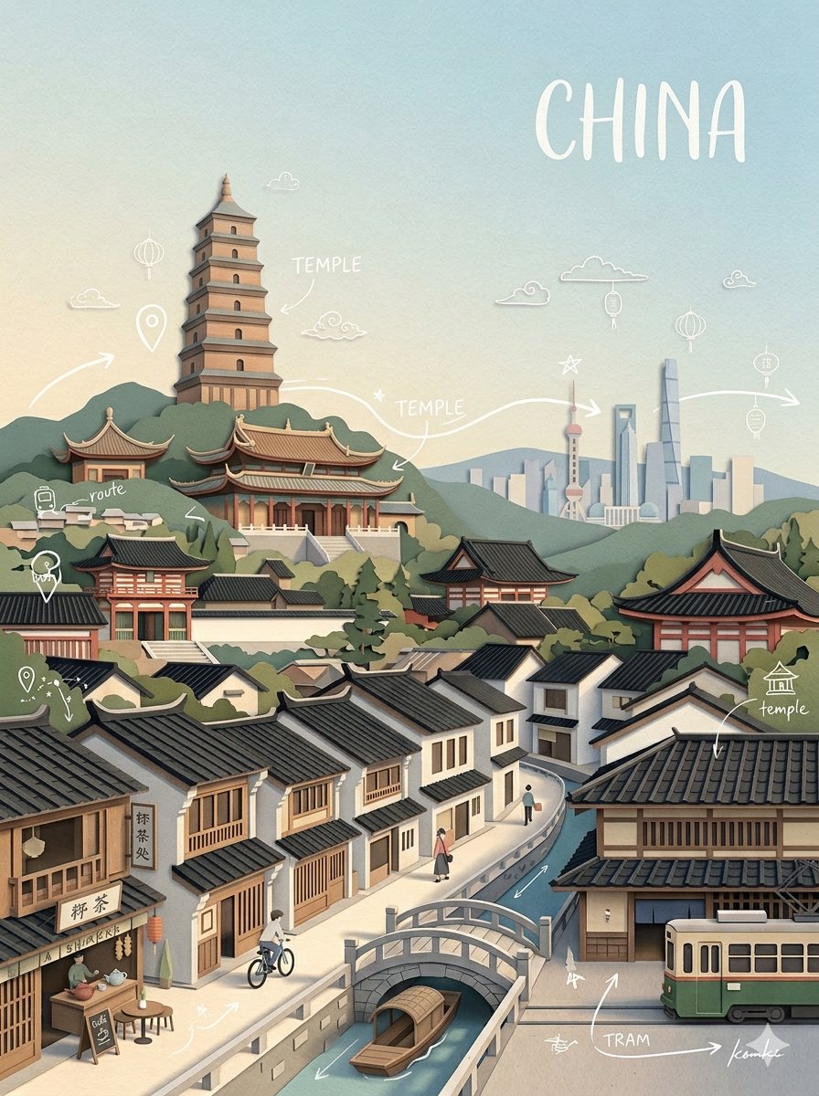 创作一幅高品质商用级竖版 3:4 分层剪纸拼贴插画，主题为 [CITY]（[COUNTRY]），展现这座城市历史底蕴与当代都市身份和谐共生的面貌。 请自动选择一个真实可信的视角…