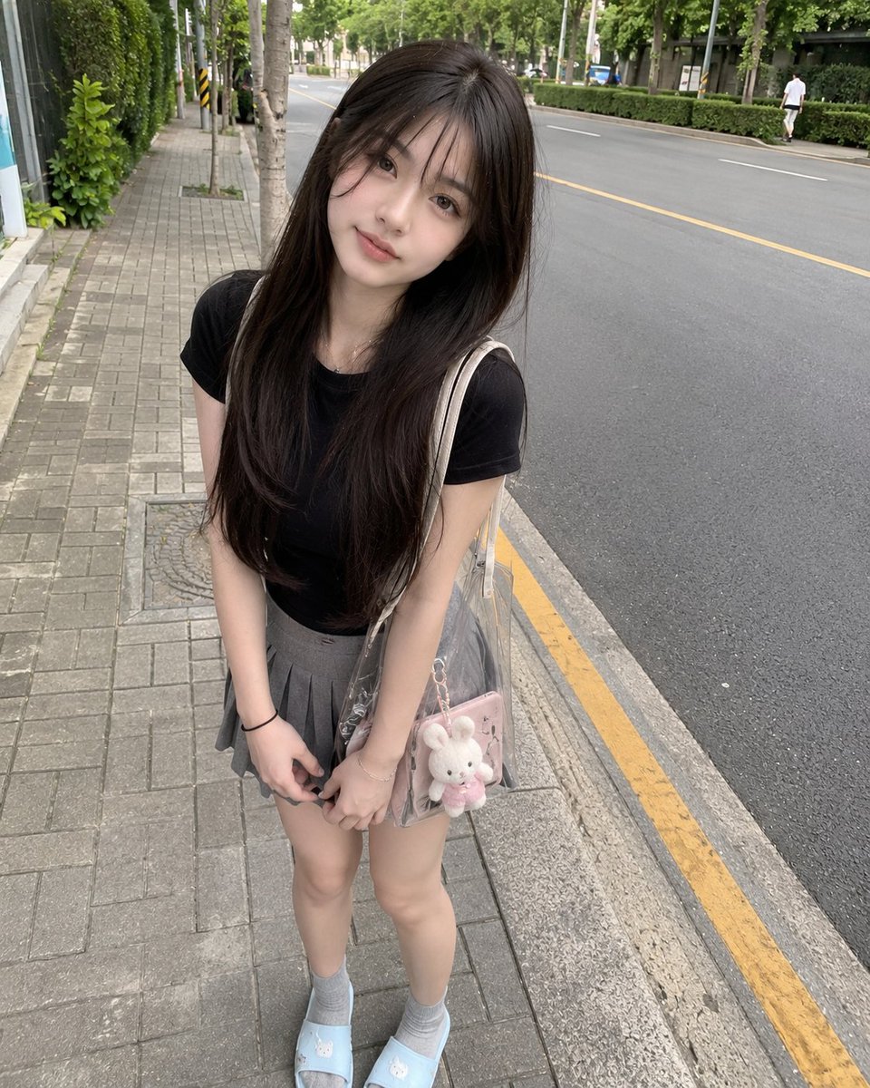 年轻的日本女孩，长直深棕色头发配柔和刘海，身着修身黑色T恤、灰色百褶迷你裙、灰色袜子与浅蓝色拖鞋，随意站在绿树成行的安静道路旁的人行道上。微微前倾，露出可爱自然的微笑，手里拿着一…