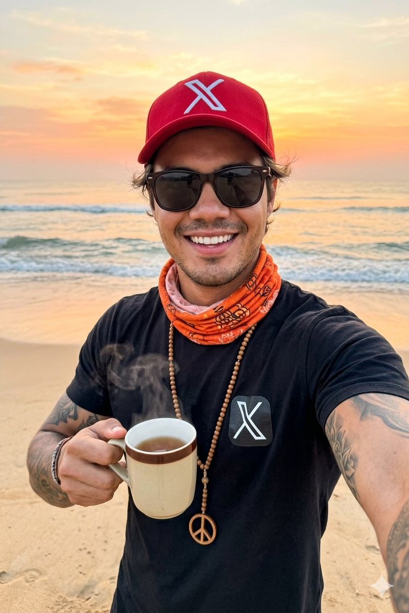 清晨的幸福时光。☕🌅 以温热的茶和海风开启新的一天。✨ Google gemini 提示词分享： 一张高质量的专业自拍照片：一位粗犷、微笑的年轻男子，手臂上有纹身，站在宽阔的沙滩…