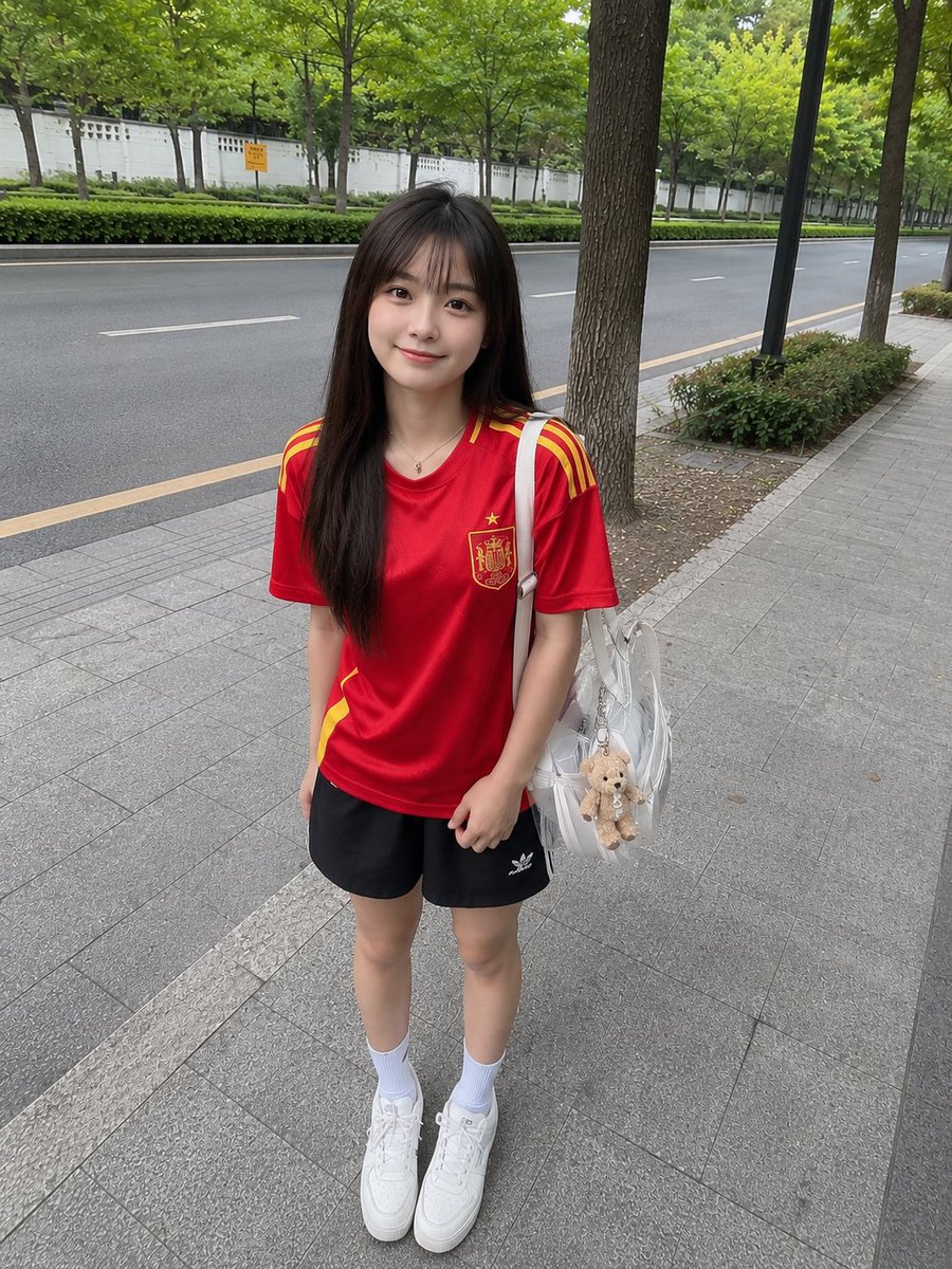 年轻的日本女孩,留着长直的深棕色头发和柔软的刘海,身穿红色西班牙国家足球队球衣、黑色运动短裤、白色中筒袜和白色运动鞋,悠闲地站在绿树成荫的安静道路旁的人行道上。她微微前倾,露出可…