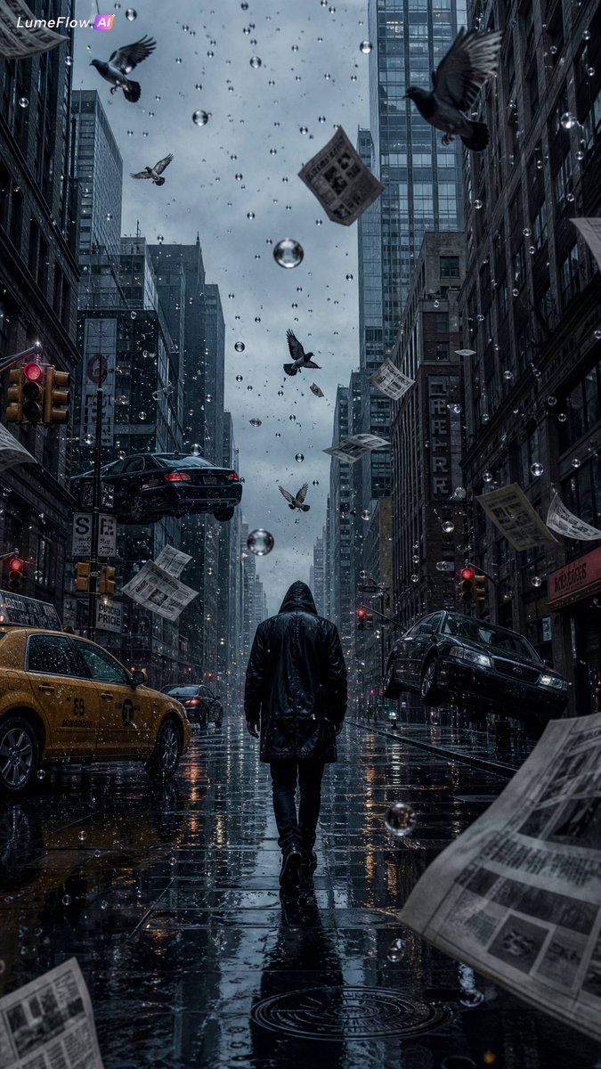 “一座时间完全静止的城市，电影感的都市街景，鸟儿冻结在半空，雨滴悬浮在空中，汽车停止在运动中，报纸漂浮着，一个神秘的身影穿过这座被冻结的城市，戏剧性的氛围，超…