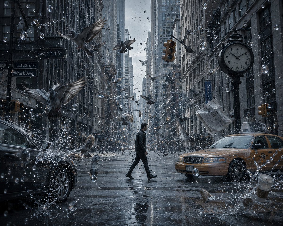 “一座时间完全静止的城市,电影感的都市街景,鸟儿冻结在半空,雨滴悬浮在空中,汽车停止在运动中,报纸漂浮着,一个神秘的身影穿过这座被冻结的城市,戏剧性的氛围,超写实,湿漉漉街道上精…