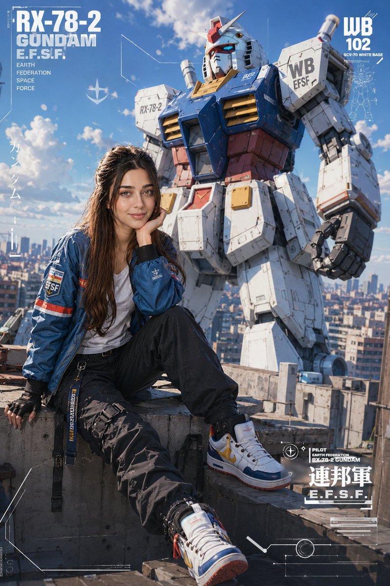 上传图片中的年轻女性,半写实动漫风格,全身时尚大片造型,随意坐在阳光照射的屋顶边缘,身着未来感蓝色飞行员夹克、白色T恤、黑色战术工装裤、半指手套,身后矗立着巨型RX-78-2高达…