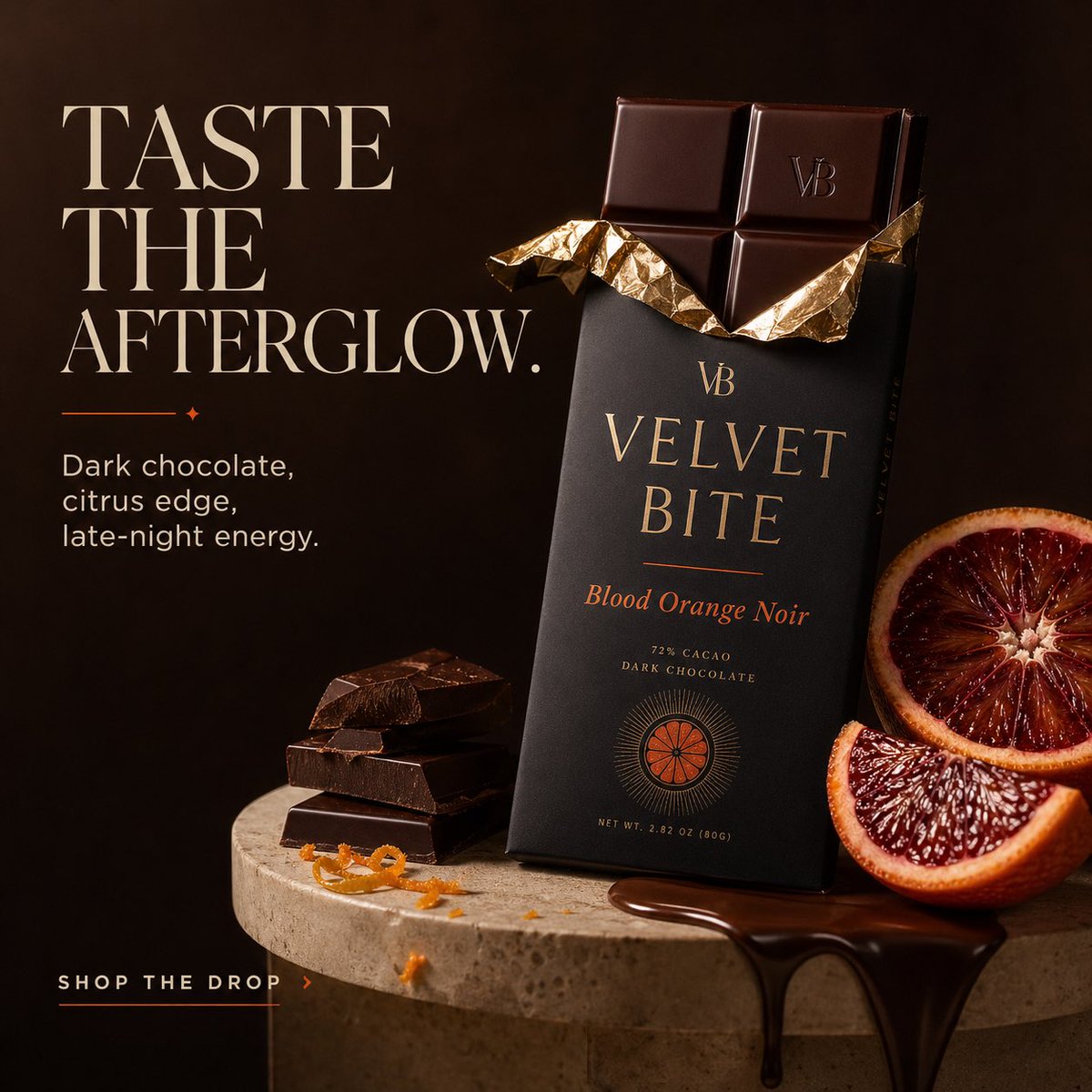 为虚构的高端奢华巧克力品牌 Velvet Bite 设计三张高级感方形产品广告。 每张广告都以一块黑巧克力为主角，并保持统一的品牌包装：哑光黑色包装纸、金箔装饰、优雅的衬线字体…