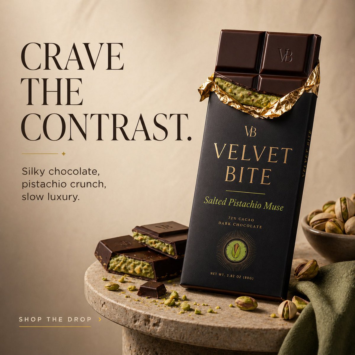 为虚构的高端奢华巧克力品牌 Velvet Bite 设计三张高级感方形产品广告。 每张广告都以一块黑巧克力为主角，并保持统一的品牌包装：哑光黑色包装纸、金箔装饰、优雅的衬线字体…