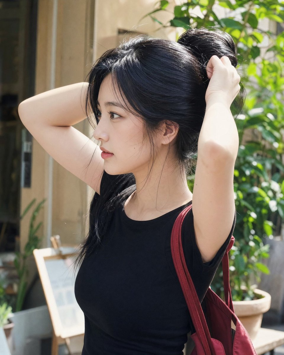 年轻的东亚女性，留着非常长而浓密的乌黑长发，在盘发的瞬间被以自然的侧脸抓拍，双手抬起将头发扎成发髻。柔和的阳光照亮她的脸庞与发丝，肌肤质感自然，表情放松，身着合身的黑色T恤，一侧…