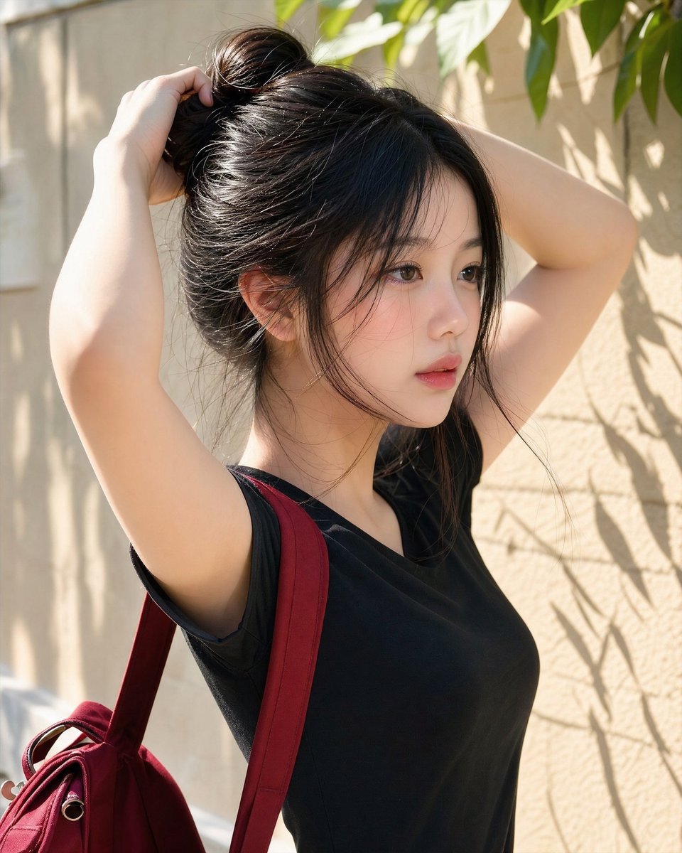年轻的东亚女性，留着非常长而浓密的乌黑长发，在盘发的瞬间被以自然的侧脸抓拍，双手抬起将头发扎成发髻。柔和的阳光照亮她的脸庞与发丝，肌肤质感自然，表情放松，身着合身的黑色T恤，一侧…