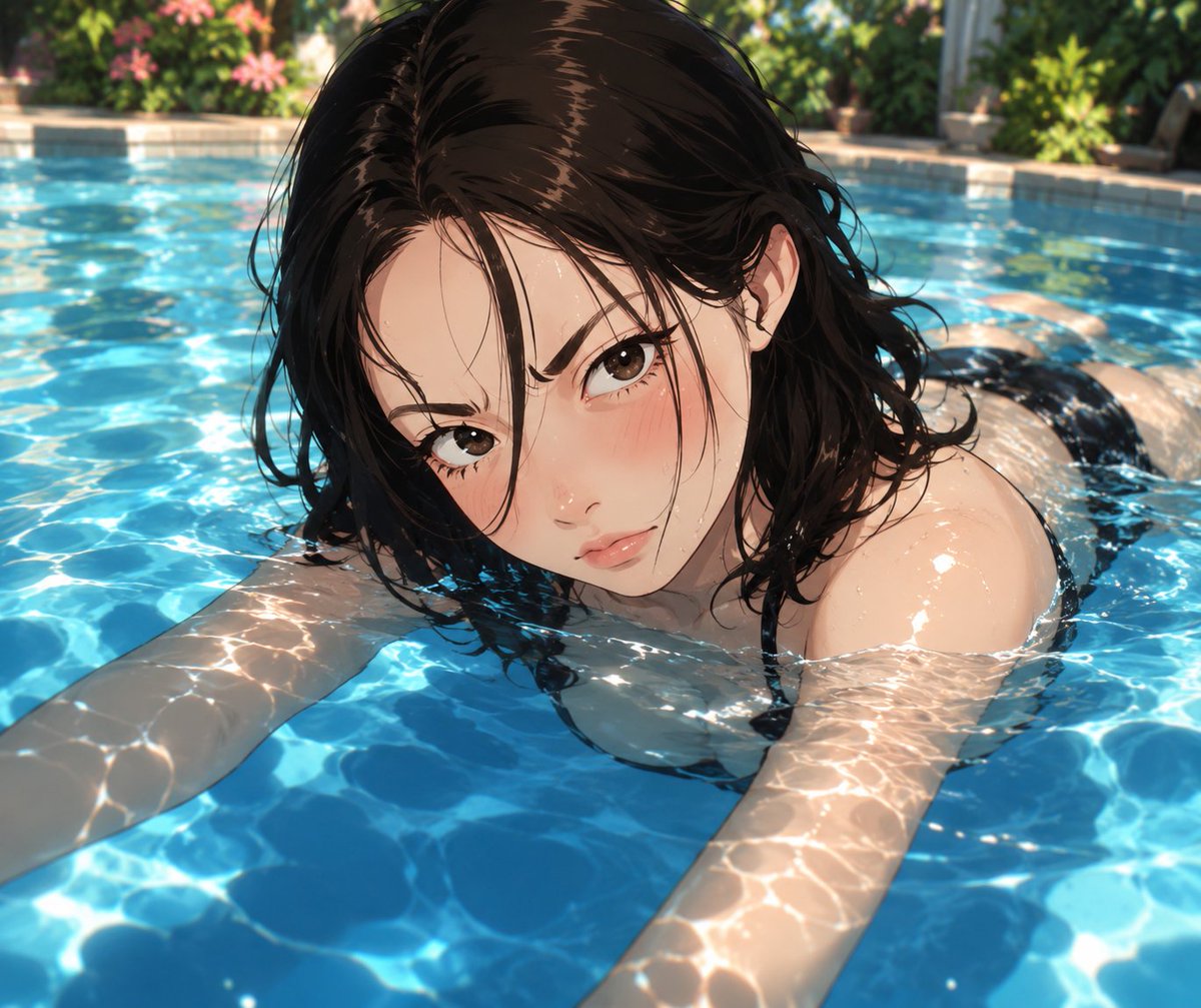 使用 Chat GPT 上的 GPT Image 制作 提示词 一位惊艳美丽的动漫风格年轻女子，在一个温暖的夏日午后，于奢华的透明无边泳池中优雅地游泳。她有着齐肩湿润的深棕色头发…