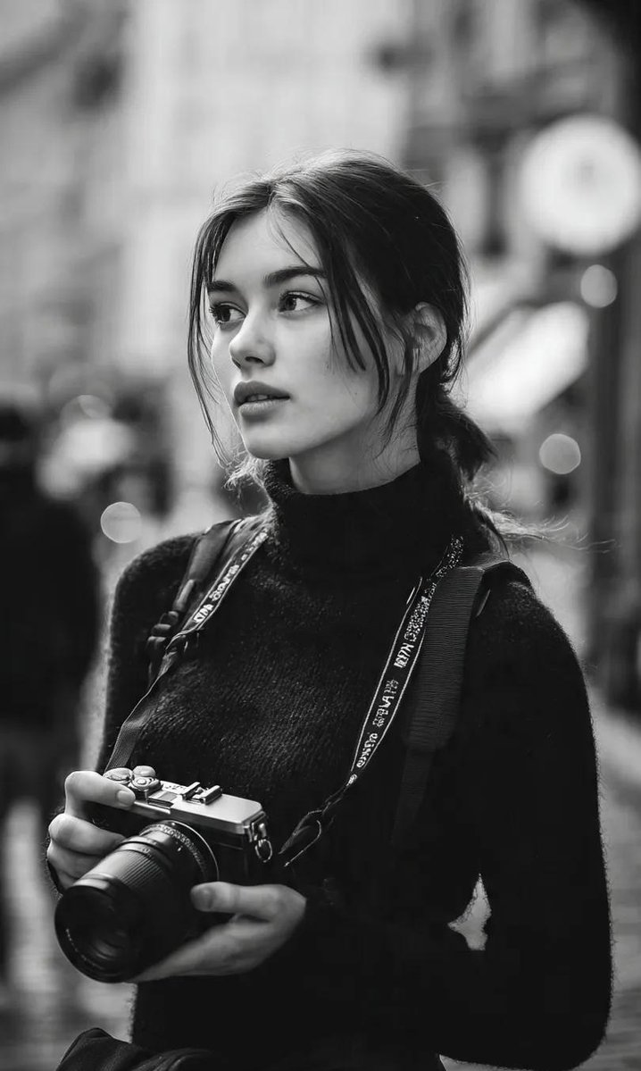 电影感的黑白城市人像肖像：一位年轻的女摄影师站在城市人行道上，双手握着一台无反相机。妆容精致自然，眼神锐利有神，深色头发松散扎起，几缕碎发垂落在脸庞两侧。身穿黑色高领上衣，相机背…