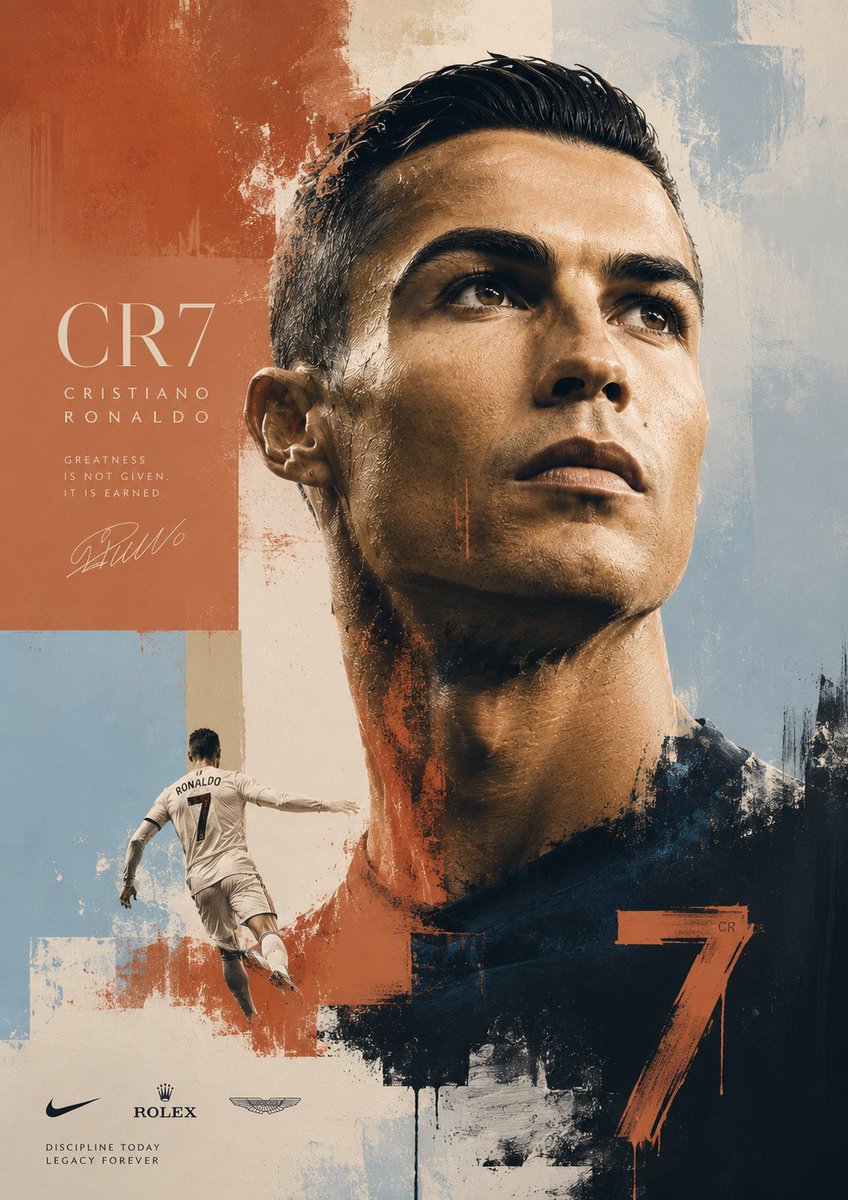 创作一张标志性的克里斯蒂亚诺·罗纳尔多（Cristiano Ronaldo）海报，灵感源自现代美术、奢侈品时尚大片以及大型当代绘画作品。整体构图以一幅从大片纯…