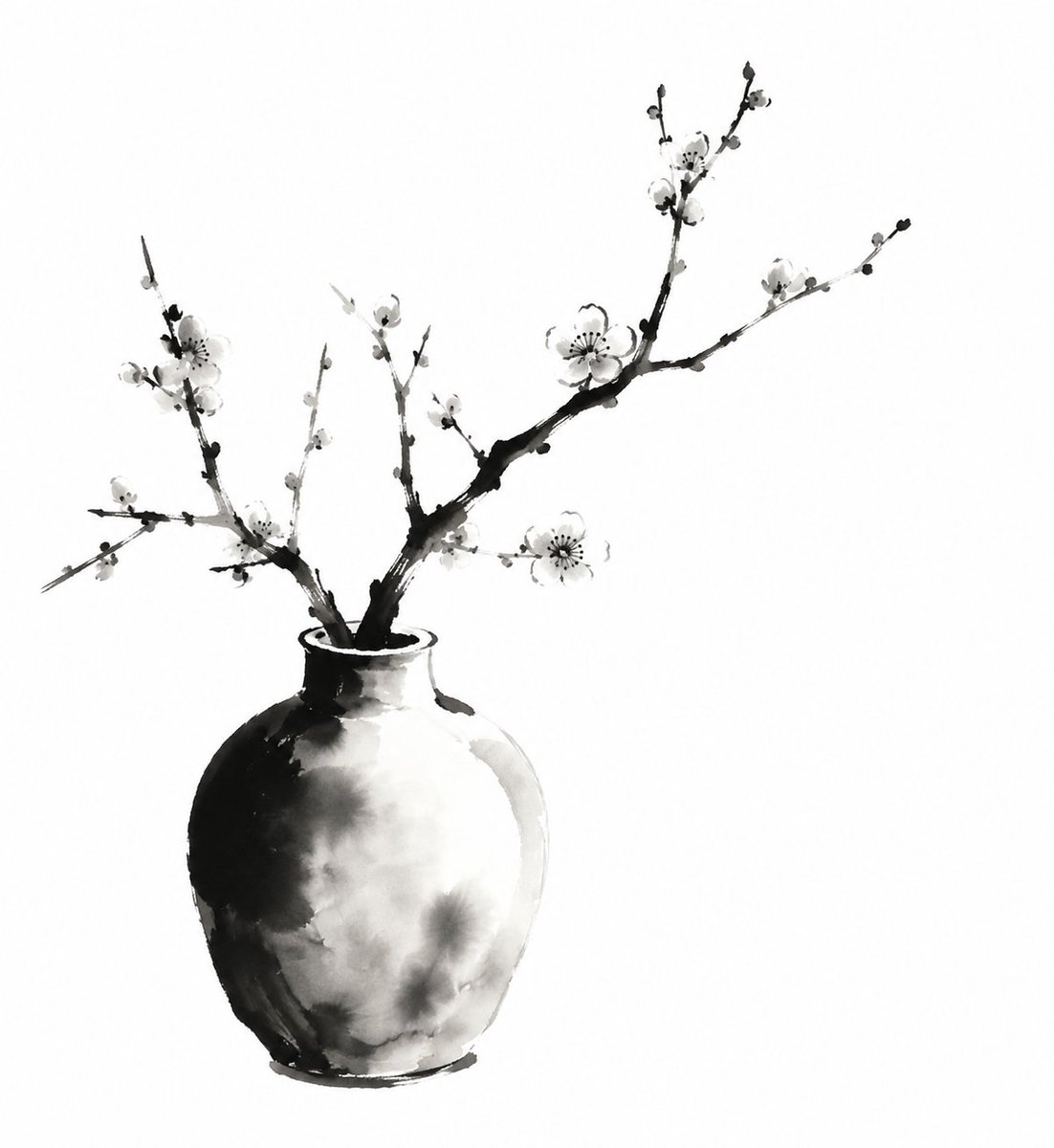 对中国传统水墨画中"花瓶插梅"的诠释，表现性的黑色墨色笔触，柔和的渐变，诗意的简约，极简的构图，大面积留白，营造出宁静优雅的氛围，自然的墨色晕染，飞溅与滴落…