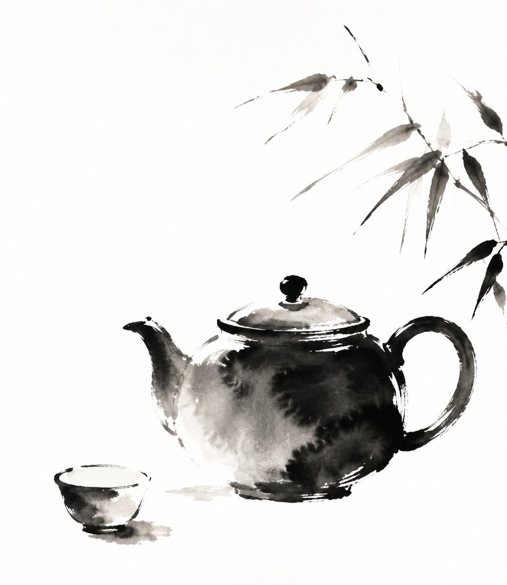 茶壶的传统中国水墨写意诠释,富有表现力的黑色墨水笔触,柔和的渐变,诗意的简约,极简主义的构图,大面积留白,含蓄… 由 @lovimg_com 创作 https://t.co/6d…