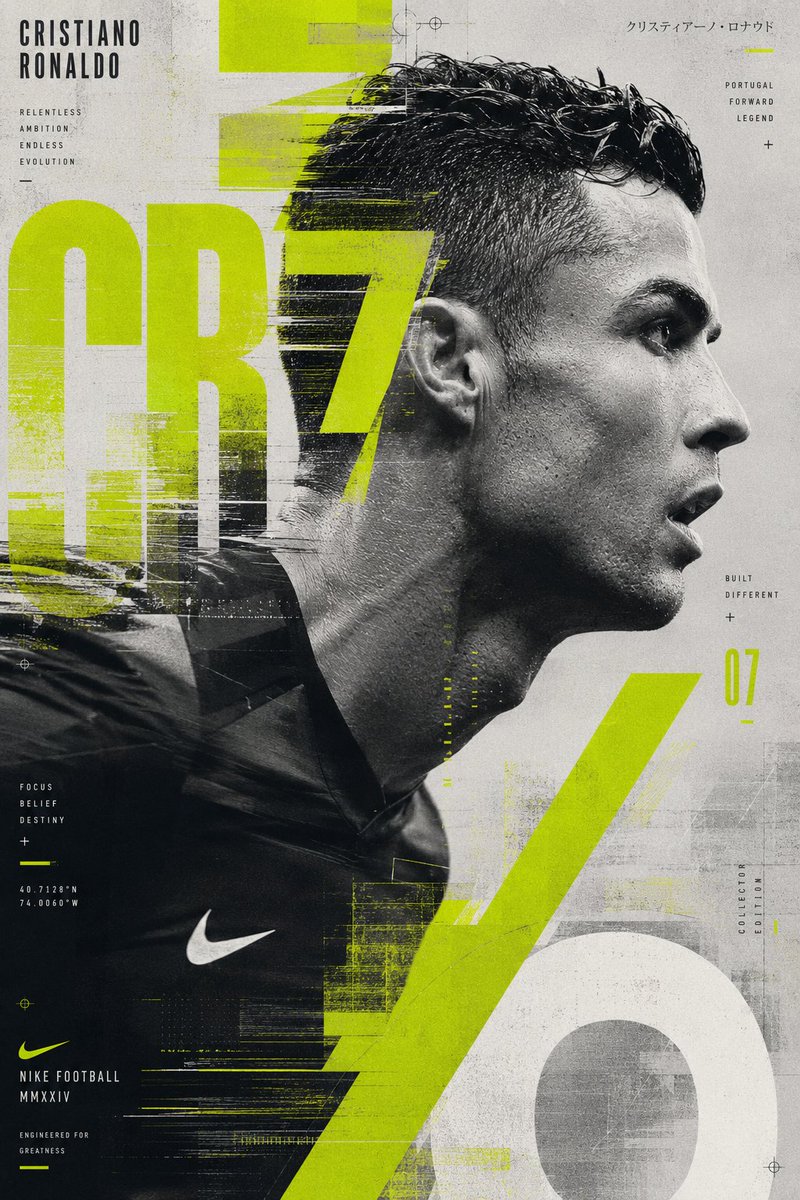 创作一张实验性的克里斯蒂亚诺·罗纳尔多（Cristiano Ronaldo）海报，以动态捕捉的惊艳侧面肖像为核心。罗纳尔多似乎正在画面中移动，而设计语言追随他…