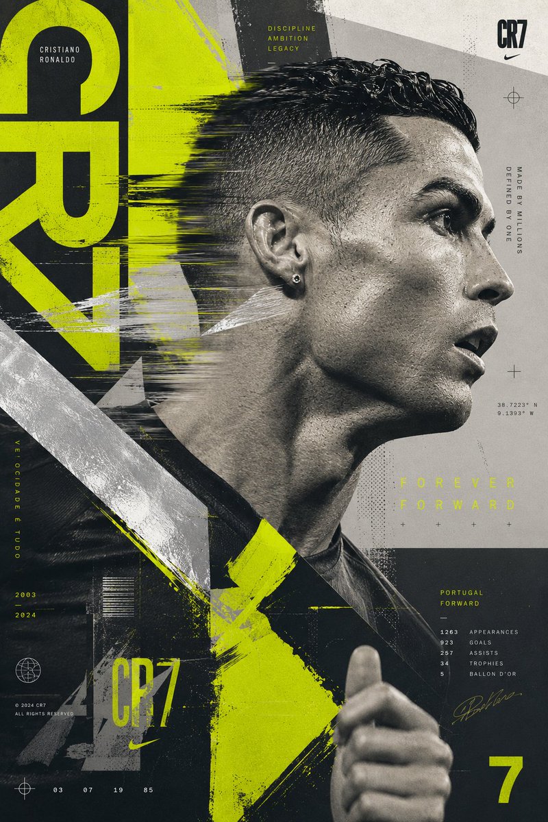 创作一张实验性的克里斯蒂亚诺·罗纳尔多(Cristiano Ronaldo)海报,以动态捕捉的惊艳侧面肖像为核心。罗纳尔多似乎正在画面中移动,而设计语言追随他的动作。整体构图应充…
