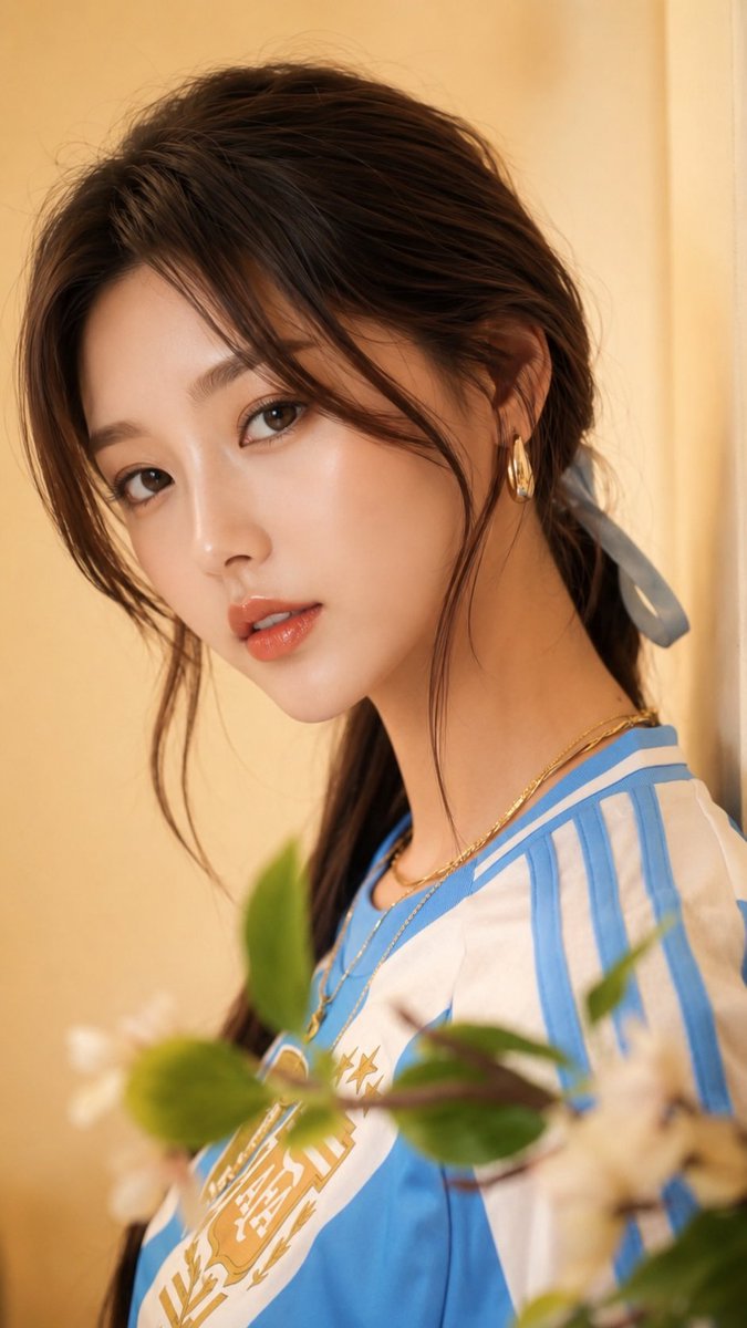 一位美丽年轻东亚女性的超写实特写肖像，淡雅的裸妆，水蜜桃色亮泽唇彩，肌肤清透焕亮，大而有神的双眸，面部线条精致，深棕色头发用浅蓝色缎带扎成低马尾，散落几缕修饰…
