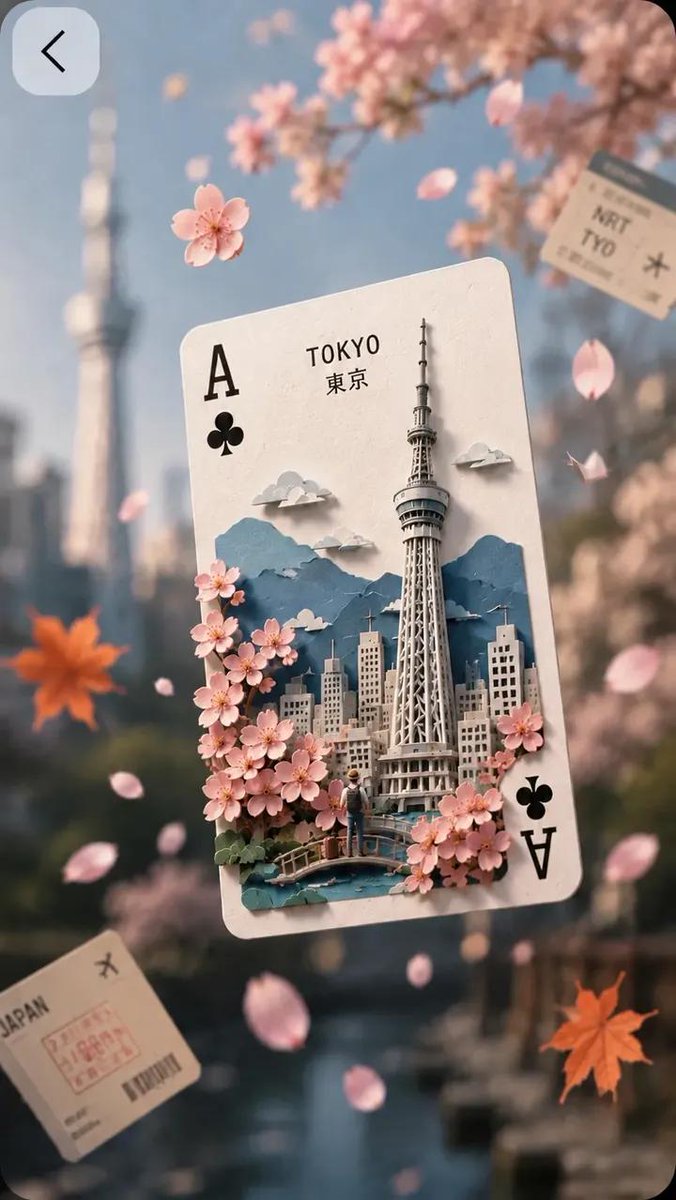 灵感源自日本的超精细奇幻旅行海报，以一张漂浮的黑桃J扑克牌为主体，化为一座精致繁复的3D剪纸立体场景。卡片上以日文汉字标注“HAKONE”（箱根），内部呈现令人惊叹的微缩景观：背…