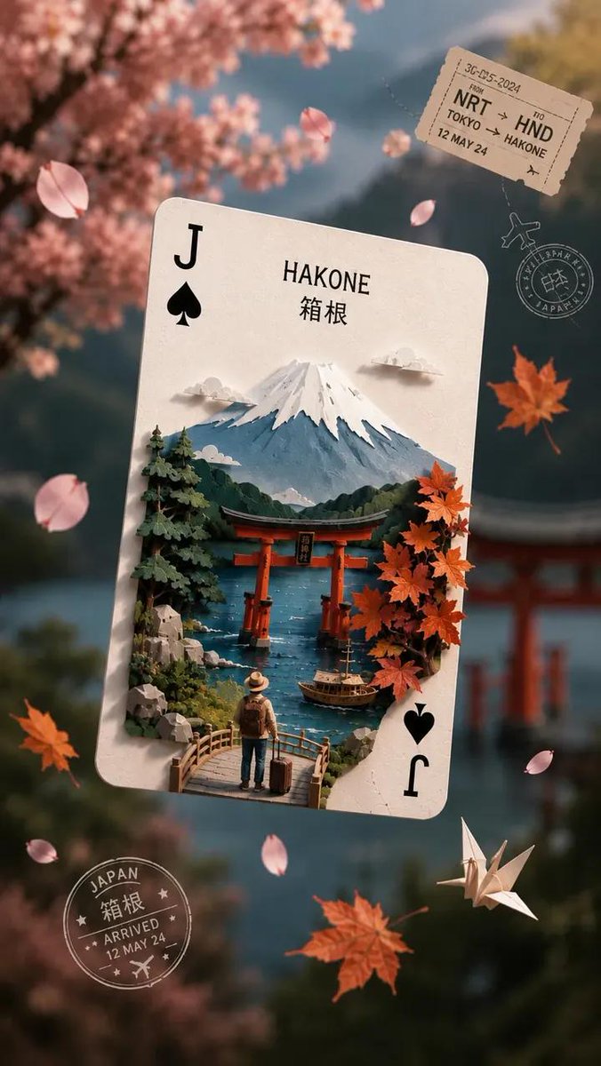 灵感源自日本的超精细奇幻旅行海报，以一张漂浮的黑桃J扑克牌为主体，化为一座精致繁复的3D剪纸立体场景。卡片上以日文汉字标注“HAKONE”（箱根），内部呈现令人惊叹的微缩景观：背…