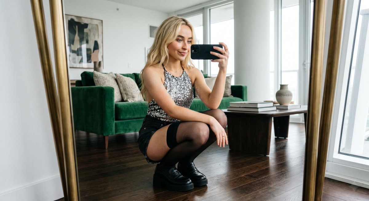 (仅供测试用途) 一位迷人动人的年轻女性,形似 Sabrina Carpenter / Sydney Sweeney,柔软的浅金色头发,明亮的蓝色眼睛,精致的面部特征,光彩照人的…