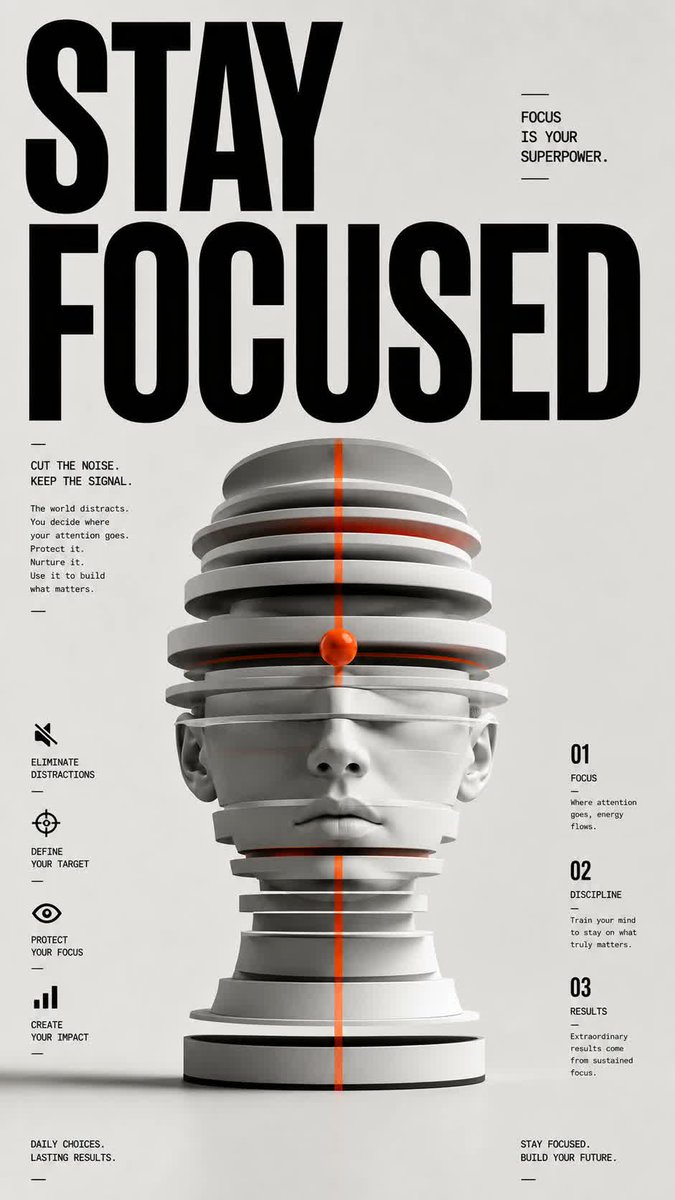 获奖级别的平面设计海报,新编辑 / 当代编辑风格,达到 D&AD / Awwwards / Behance 级别品质。 主题:保持专注(Stay Focused)。 为该主题创作…