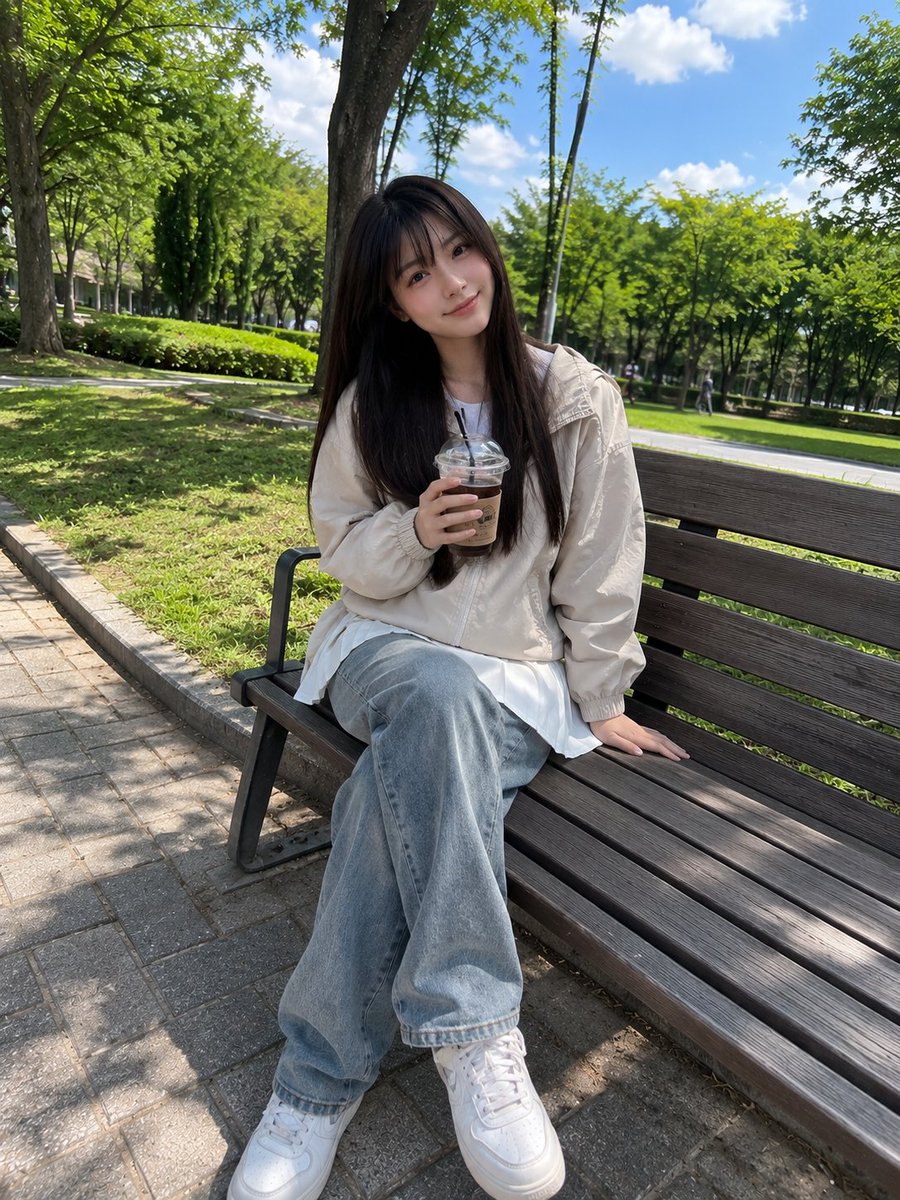美丽的年轻日本女孩，长直深棕色头发配柔软饱满的齐刘海，白皙肌肤，灿烂自然的笑容，随意地坐在公园木制长椅上，手中拿着一杯冰咖啡。身穿浅米色防风夹克和白色百褶迷你裙，姿态放松，一只手…