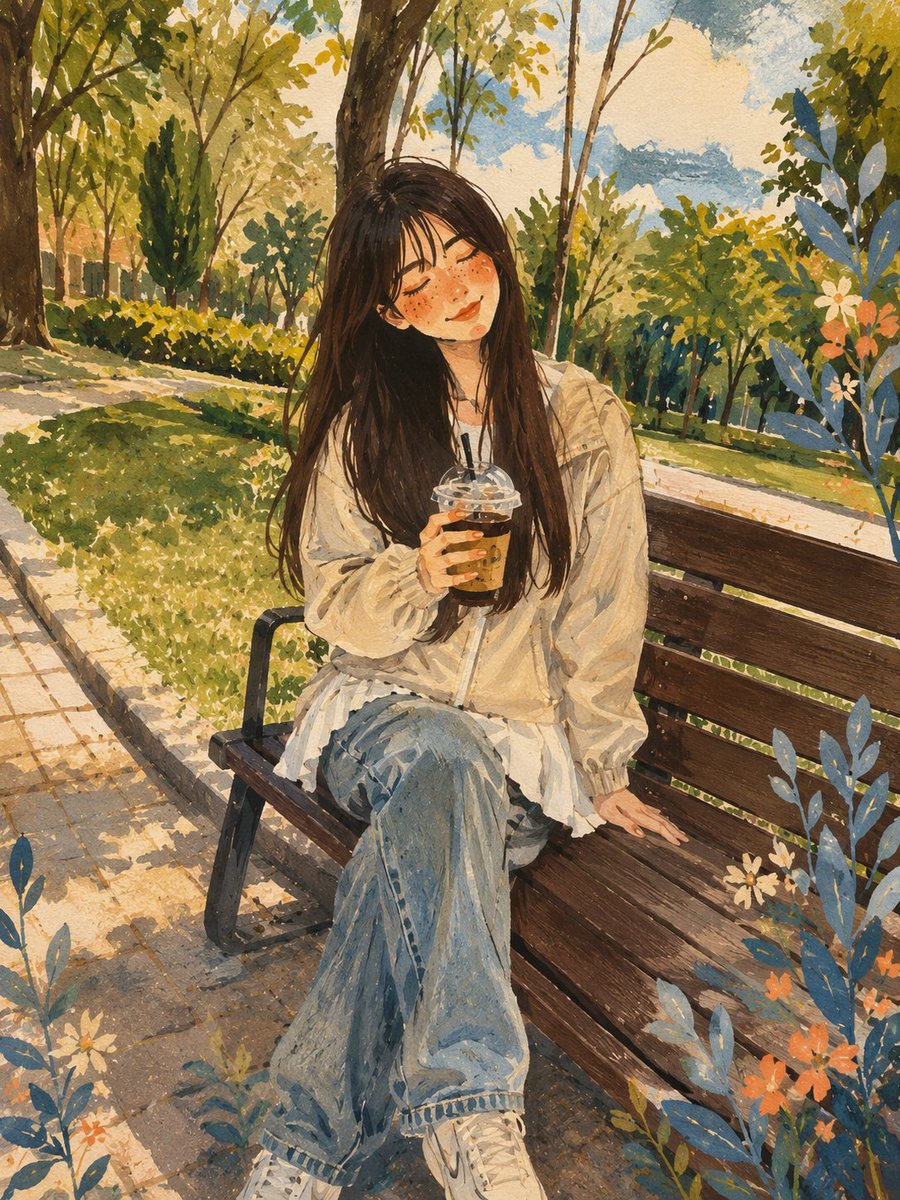美丽的年轻日本女孩，长直深棕色头发配柔软饱满的齐刘海，白皙肌肤，灿烂自然的笑容，随意地坐在公园木制长椅上，手中拿着一杯冰咖啡。身穿浅米色防风夹克和白色百褶迷你裙，姿态放松，一只手…