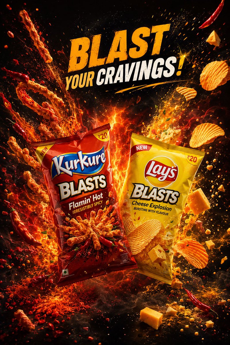 超高端零食广告海报，主打产品为 Kurkure Blasts 和 Lay's Blasts，薯片袋中迸发动态风味爆炸，酥脆薯片和松脆零食碎片定格在半空飞舞，火焰香料、辣椒片、芝士…