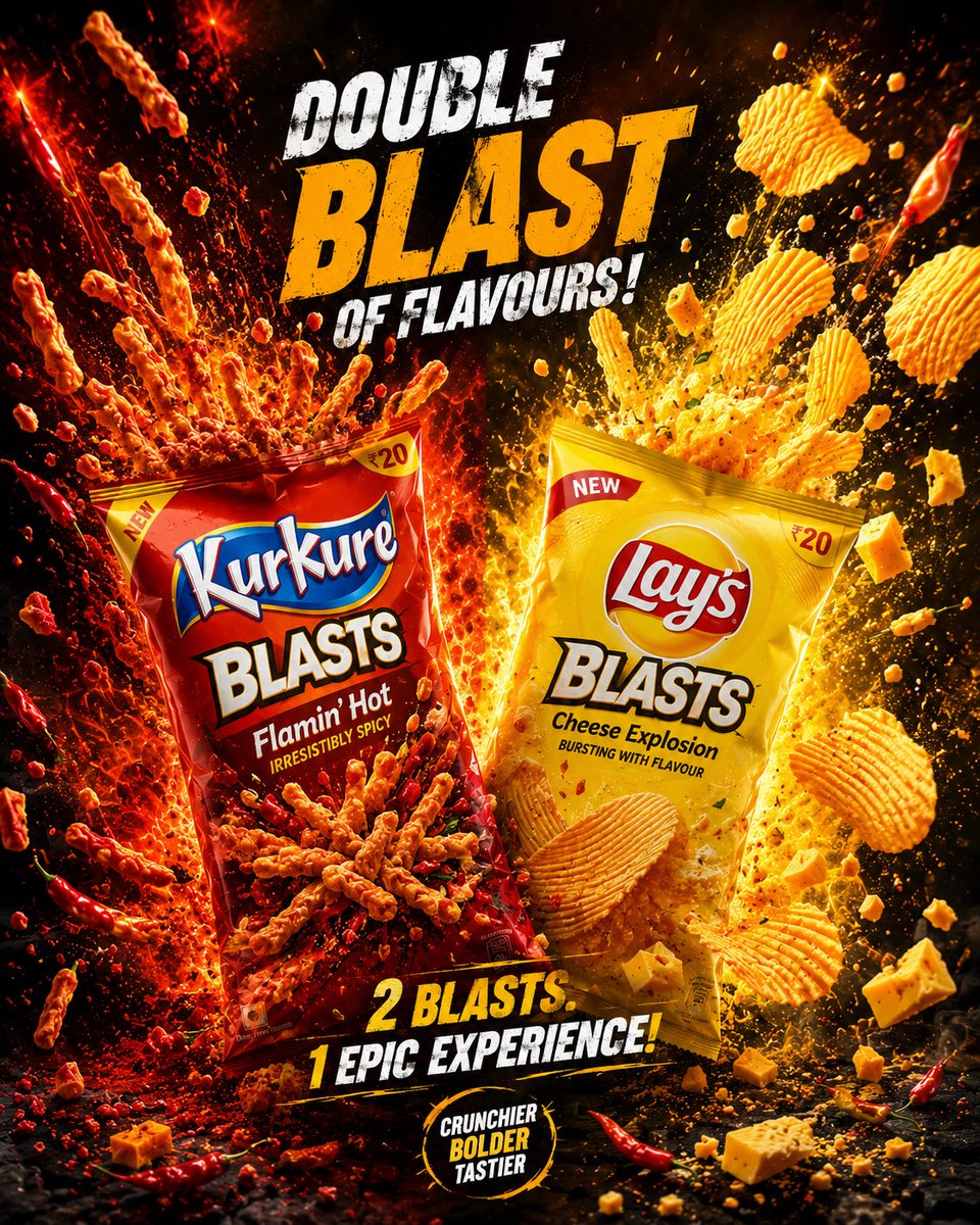 超高端零食广告海报，主打产品为 Kurkure Blasts 和 Lay's Blasts，薯片袋中迸发动态风味爆炸，酥脆薯片和松脆零食碎片定格在半空飞舞，火焰香料、辣椒片、芝士…