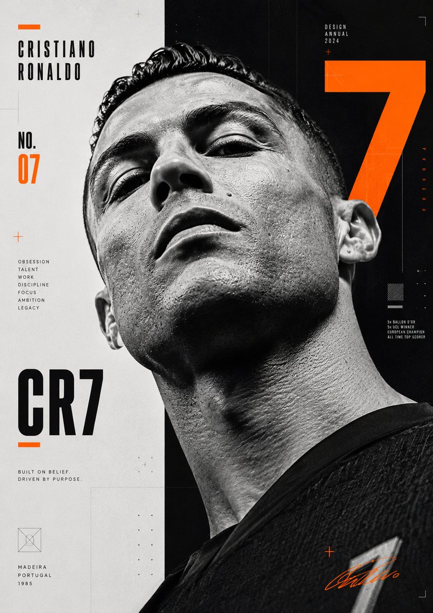 制作一张高度图形化的克里斯蒂亚诺·罗纳尔多(Cristiano Ronaldo)海报,几乎完全采用单色调。肖像应以极高的细节与对比度拍摄,占据画面约百分之七十的构图。每一道面部轮…