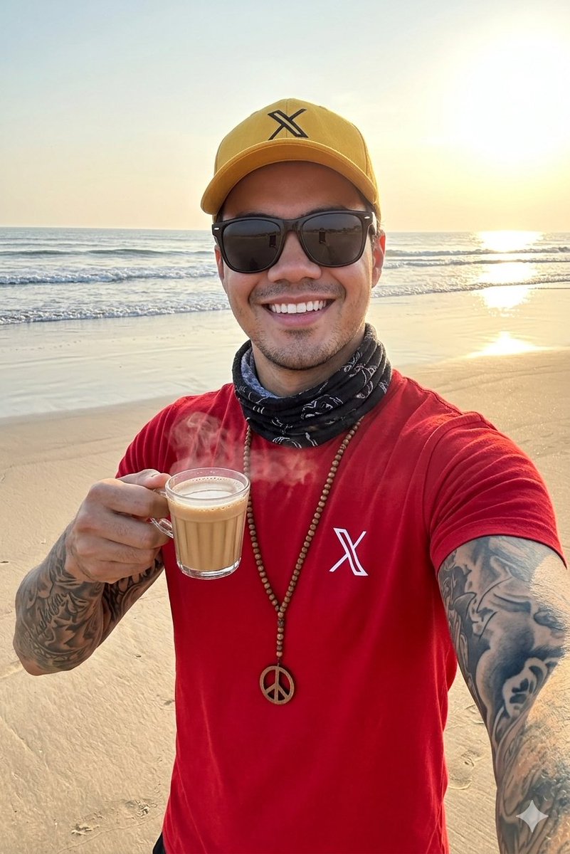 清晨心情 ✨🌅 宁静、爱意，与清晨的茶。 Google gemini 提示分享： 一张高质量的专业自拍照，照片中是一位面容粗犷、微笑的年轻男子，手臂上有纹身…