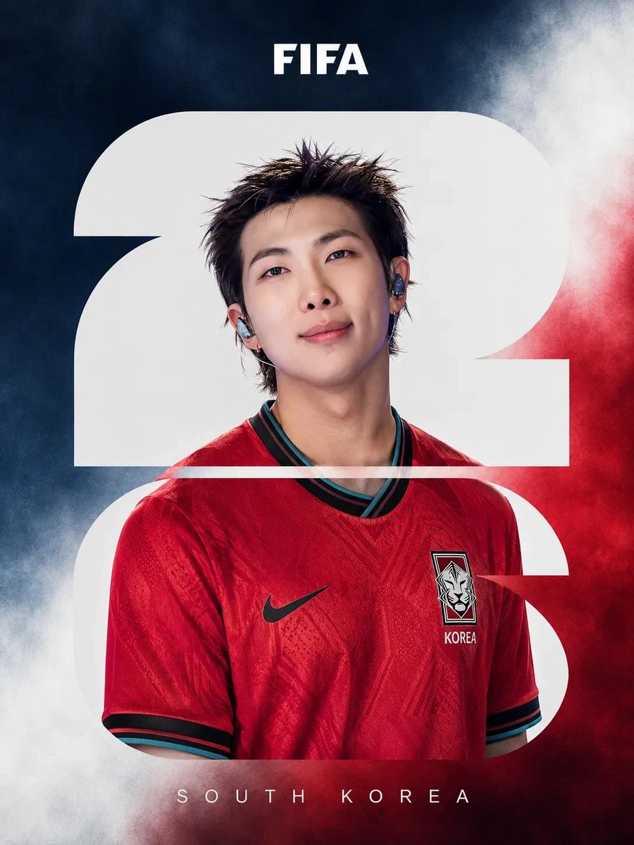2026年国际足联世界杯 – 名人国家队海报 超写实影棚肖像照，一位著名流行歌手身穿官方国家队球衣，居中构图，简洁的编辑级体育宣传海报美学。背景充满大胆醒目的白色"26"排版字体…