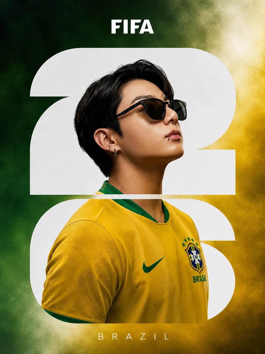 2026年国际足联世界杯 – 名人国家队海报 超写实影棚肖像照，一位著名流行歌手身穿官方国家队球衣，居中构图，简洁的编辑级体育宣传海报美学。背景充满大胆醒目的白色"26"排版字体…
