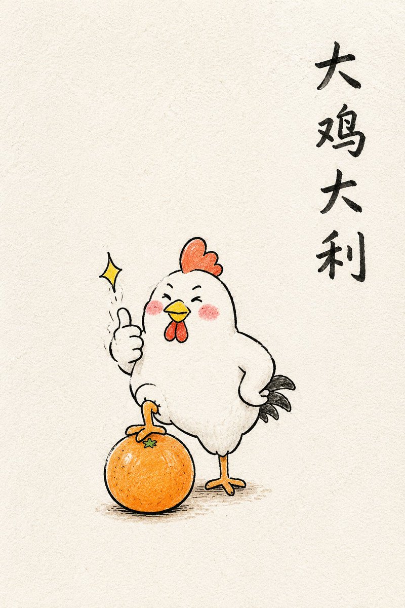 竖版手绘插画,一张温暖幽默的中文谐音成语小画,主题是“【谐音成语】”。 画面主体为【大鸡大利】,正在做出与谐音含义相关的动作:【动作描述】。 整体像儿童手账里的简笔画,黑色细线勾…