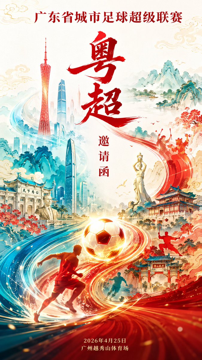设计一张9:16的广东省城市足球超级联赛邀请海报。采用S形流动布局,以一颗发光的足球和流动的能量线条作为视觉锚点。沿S形动线融入广东标志性建筑与文化元素:广州塔、深圳平安金融中心…