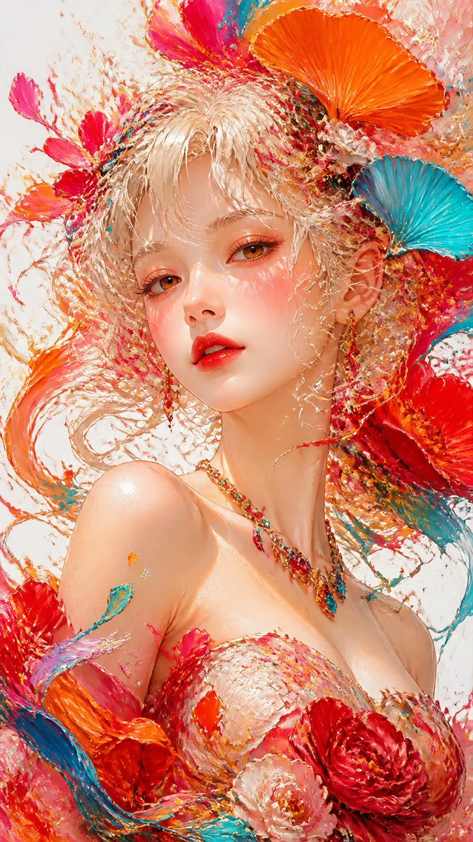 杰作,最佳质量,8K超精细,厚涂油画,泼溅颜料质感,美丽年轻东亚少女的特写半身肖像,柔软蓬松的浅金色凌乱卷发…… 由 @lovimg_com 创作 https://t.co/py…