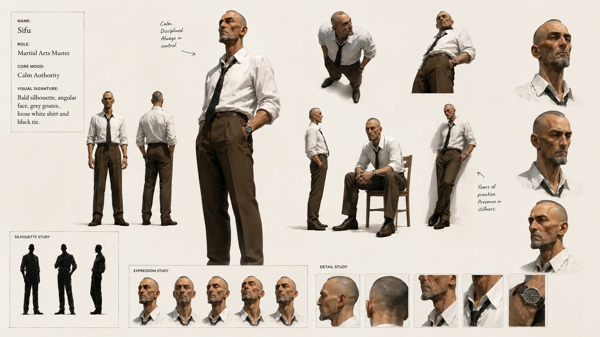Create a 16:9 restrained formal stylized-3D martial-arts duel storyboard sheet…