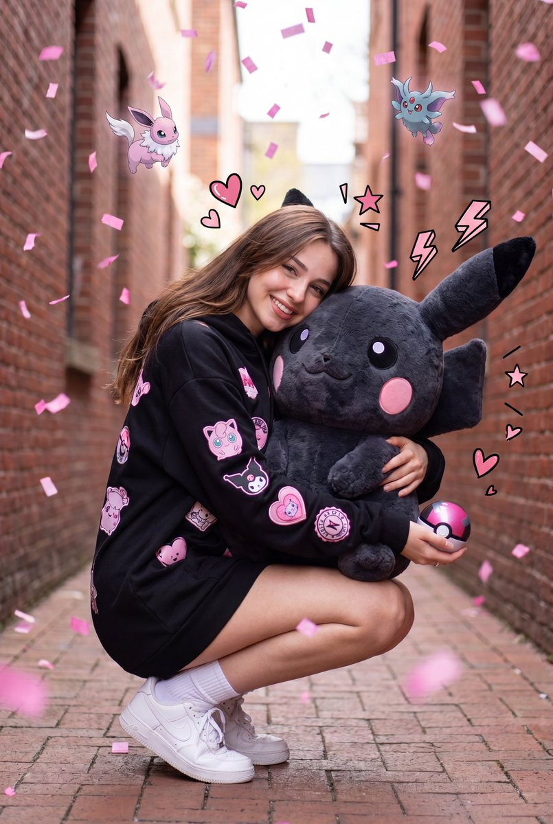 一张超现实的全身近景肖像:一位可爱的年轻女子蹲坐在一条狭窄的城市小巷中,怀抱着一个巨大的、毛茸茸的粉色调皮卡丘风格毛绒玩偶。她身穿一件超大号的粉彩色连帽卫衣裙…