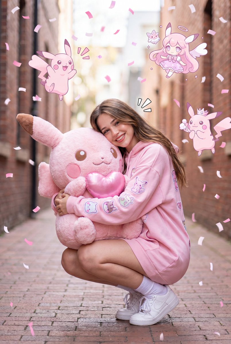 一张超现实的全身近景肖像:一位可爱的年轻女子蹲坐在一条狭窄的城市小巷中,怀抱着一个巨大的、毛茸茸的粉色调皮卡丘风格毛绒玩偶。她身穿一件超大号的粉彩色连帽卫衣裙,装饰着可爱的卡哇伊…