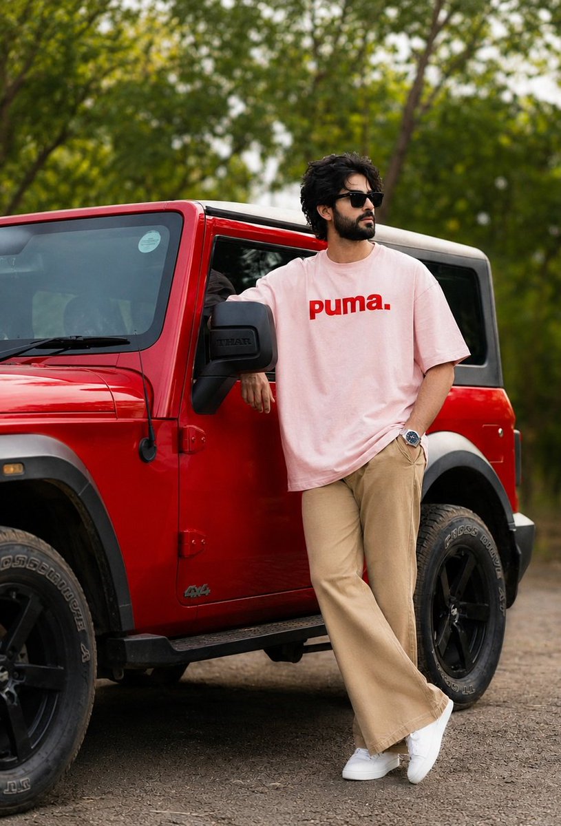 24岁 创作 卡其色 重磅 全身 宽松 粉色 T恤，带有红色文字 puma。喇叭裤。白色运动鞋。手表戴在左手。略微凌乱的深色头发 黑色太阳镜。在红色 THAR…