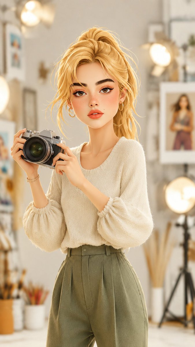 可爱的3D卡通女孩摄影师站在一个温馨的摄影工作室里，手持一台复古相机，脸部灵感来源于一位美丽的金发女孩，有着柔和的雀斑、棕色眼睛、细致的眉毛…… 使用 @lovimg_com 创…