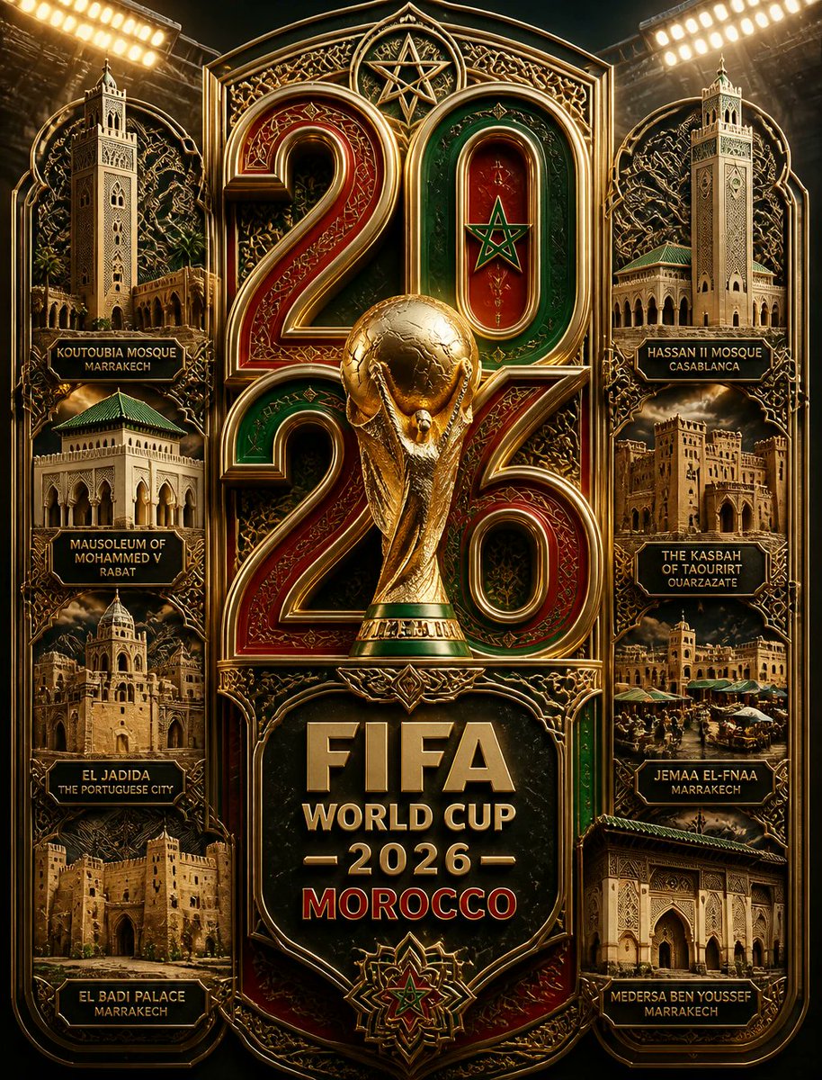 超精细奢华3D国际足联2026摩洛哥世界杯海报。巨大的分层"2026"字样主导整个画面,由相互交织的金属丝带和雕刻般的建筑fr……构成…… 由 @lovimg_com 创作 ht…