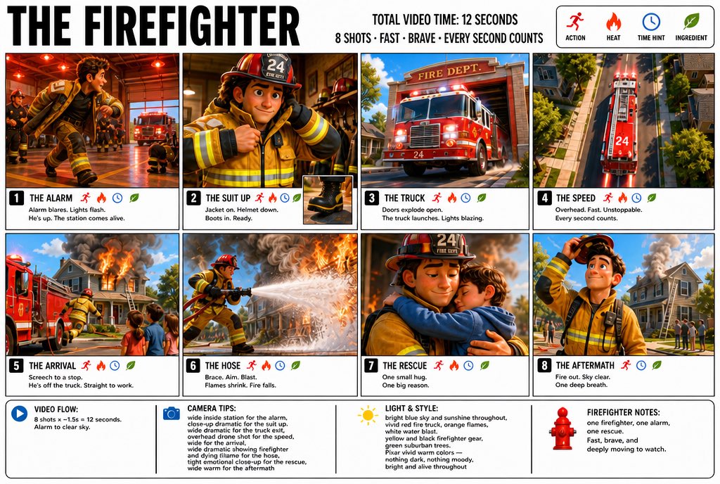 “为《消防员》(THE FIREFIGHTER) 制作一张清晰、干净的信息图式故事板海报。宽幅 16:9 布局，白色背景，黑色边框，醒目的黑色字体，顶级皮克斯…