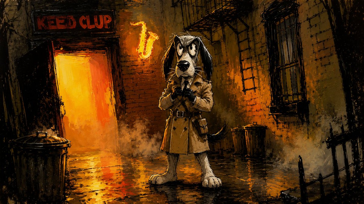🐶 创建一个15秒的电影动画黑色电影（noir）场景，无对白。 使用所附的角色设定表作为角色一致性的主要参考。使用 [trace] 和 [trace-expr…