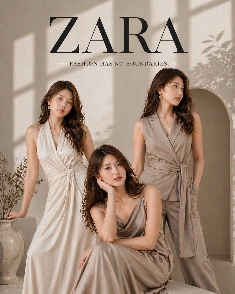 https://t.co/dYqcQ3NjHq 高端时尚宣传海报,呈现ZARA标志性风格,简洁的编辑风视觉,整体采用温暖米色与中性色调,柔和的自然光投射出细腻的窗影,奢华杂志摄影…