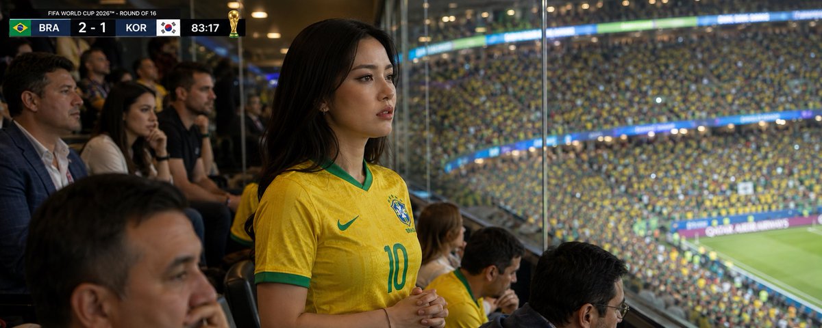 写实的FIFA世界杯2026电视转播反应镜头，拍摄于球场上方的独家招待套房内。使用附带的参考图像作为面部身份的唯一来源，保留她的精确面部、肤色、年龄、比例和可辨认特征。始终保持谦…