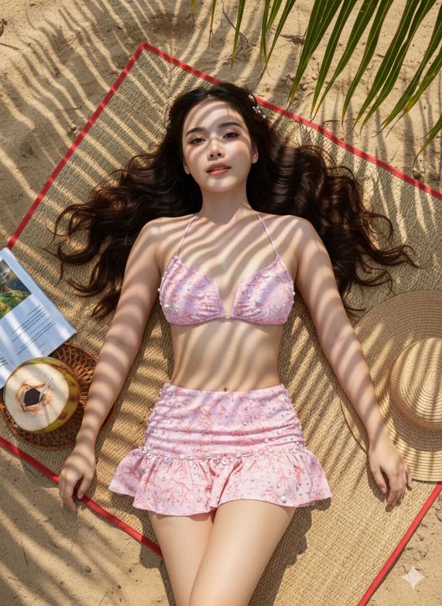 一张照片级真实感的自上而下平铺式人像照:一位女性躺在热带海滩上的编织沙滩垫上,身旁是一棵高大的棕榈树。她身穿一件腮红粉色的比基尼,搭配带有珊瑚灵感的图案、缝有小珍珠并缀有贝壳装饰…