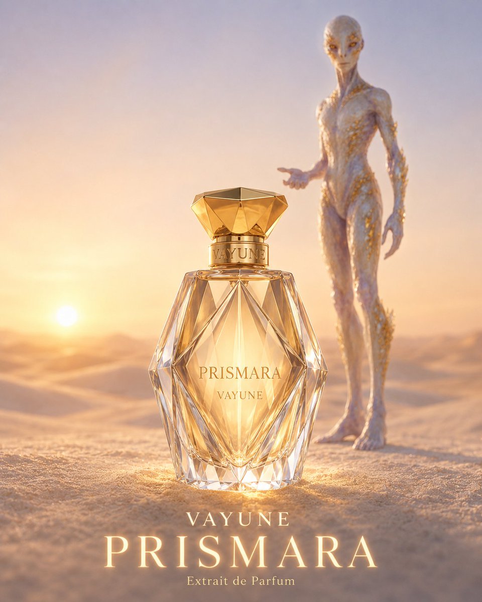 奢华香水广告。产品占据前景：VAYUNE 旗下 PRISMARA，一款切面水晶玻璃香水瓶，配金色瓶盖，在画面中下部居中，约占画面高度 45%，尺寸大、对焦极其…