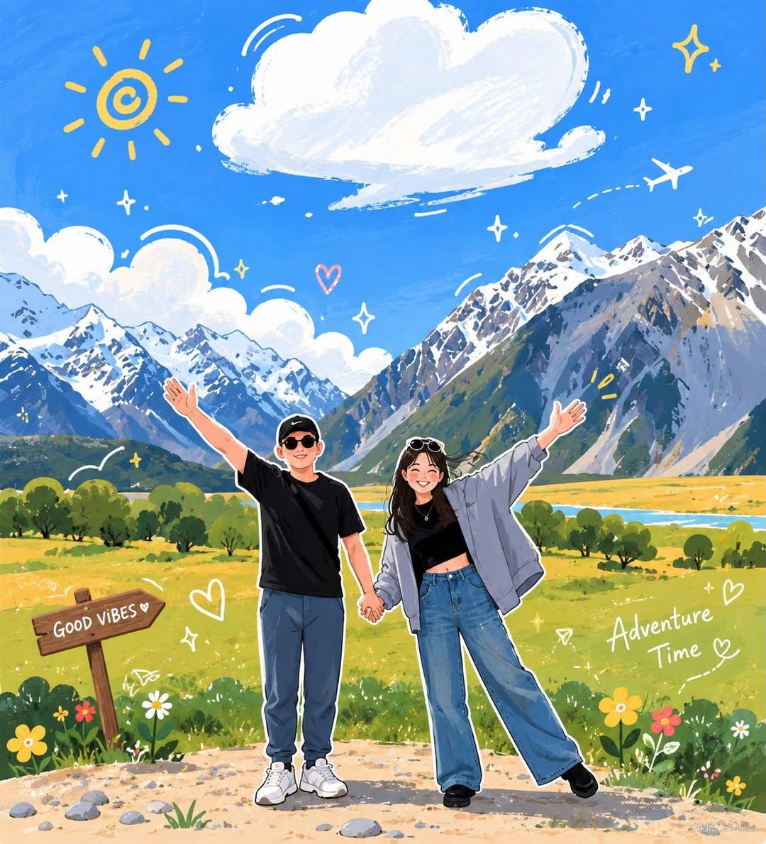 将上传的旅行照片转变成一幅迷人的手绘动漫插画，同时完美保留原始的姿势、构图、服装、手牵手的手势、山地景观和相机角度。可爱情侣并肩站立，双臂高举，洋溢着欢乐的表…