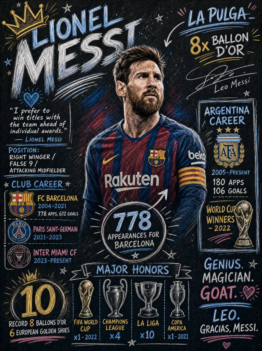 {"subject": "Lionel Messi","theme": "信息图海报,作为对他体育生涯的致敬","art_style": "黑板粉笔艺术,手绘美学,高度精细的程式…