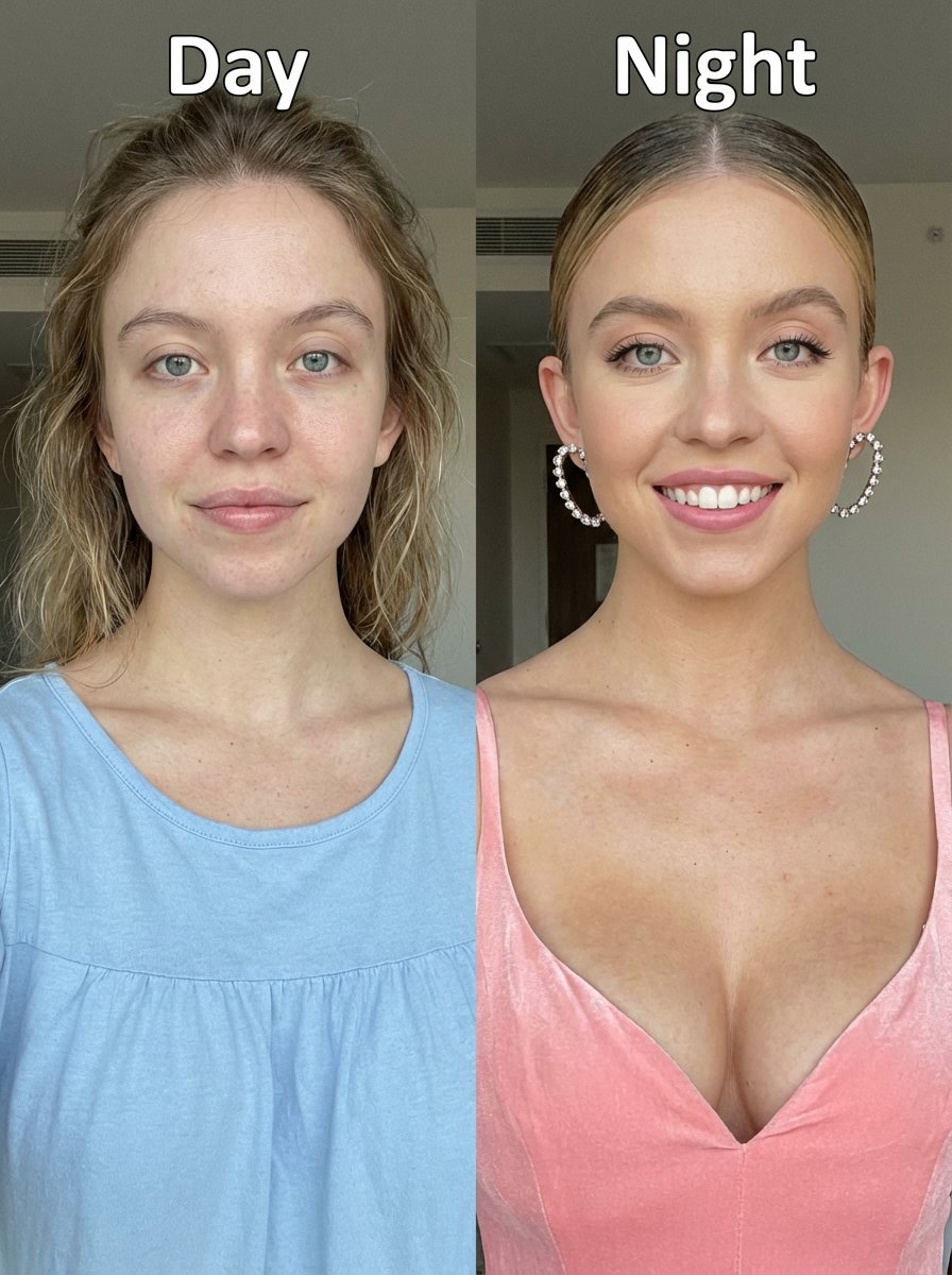 https://t.co/vq2YqnRDgy 提示词： Sydney Sweeney 上半身肖像并排对比，两半均展露温暖笑容，沿画面正中央笔直分割，形成清晰的视觉对比。每半边顶…